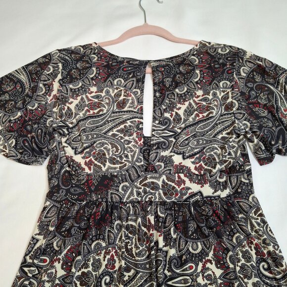 Eoote Grey Pailsley Empire Fit n Flare Mini Dress Size M Stretch Flutter Sleeves - Picture 11 of 16